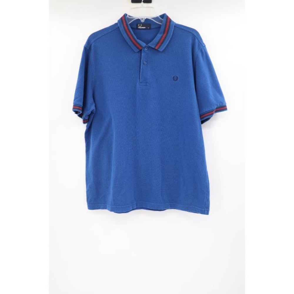 fred perry men's XL short sleeve contrast trim polo blue red cotton shirt